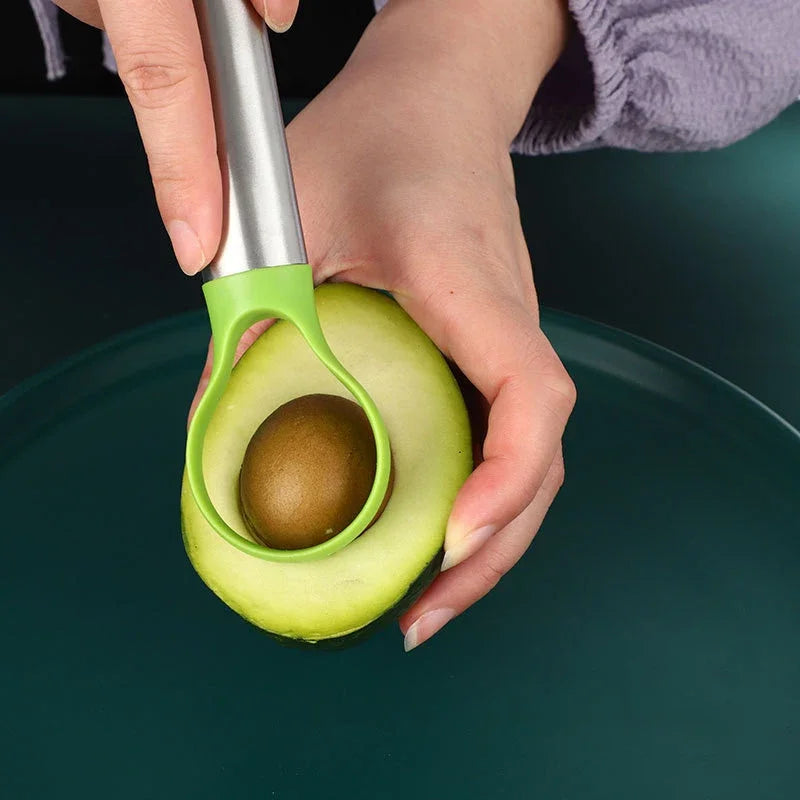 Fatiador de Abacate em Aço Inoxidável | Cortador 3 em 1 para Frutas – Ferramenta Multifuncional de Cozinha
