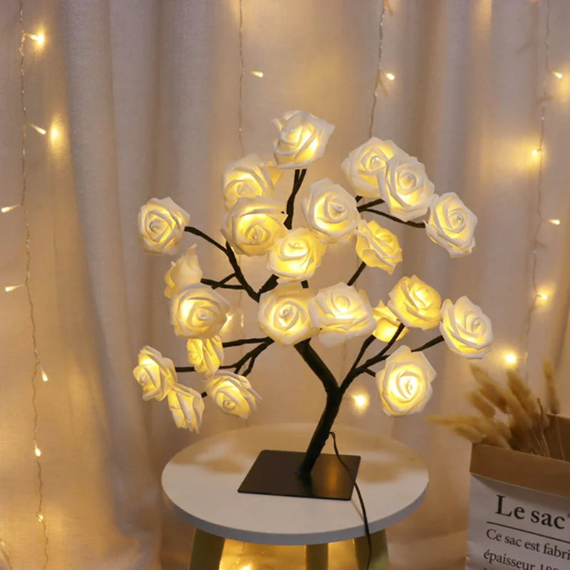 Luminária de Mesa LED Rosa Flor com Luzes de Fadas – USB, Decoração de Natal, Festa, Quarto, Casamento e Presente do Dia das Mães