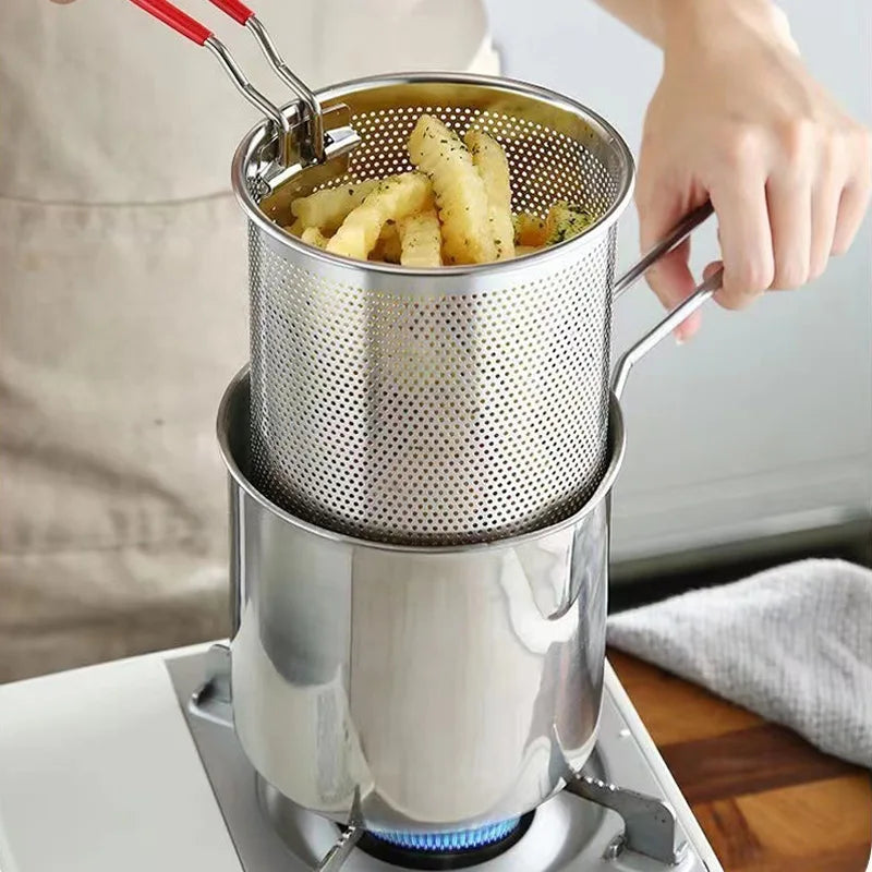Conjunto de Frigideiras Japonesas de Aço Inoxidável 304 | Fritadeira Profunda Econômica em Óleo com Cesto para Tempurá, Frango e Batatas