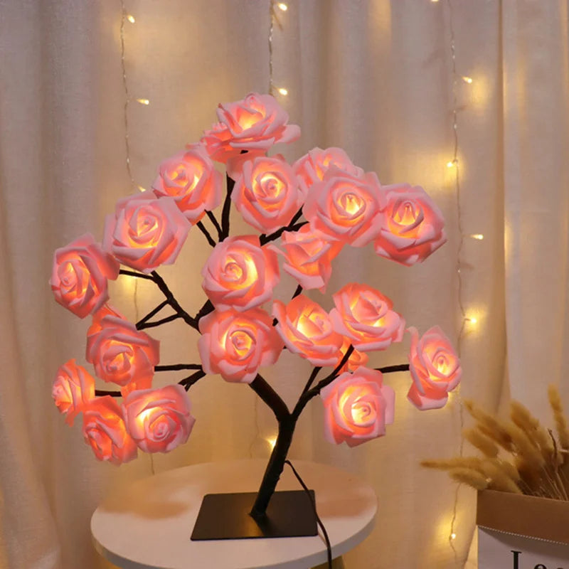 Luminária de Mesa LED Rosa Flor com Luzes de Fadas – USB, Decoração de Natal, Festa, Quarto, Casamento e Presente do Dia das Mães