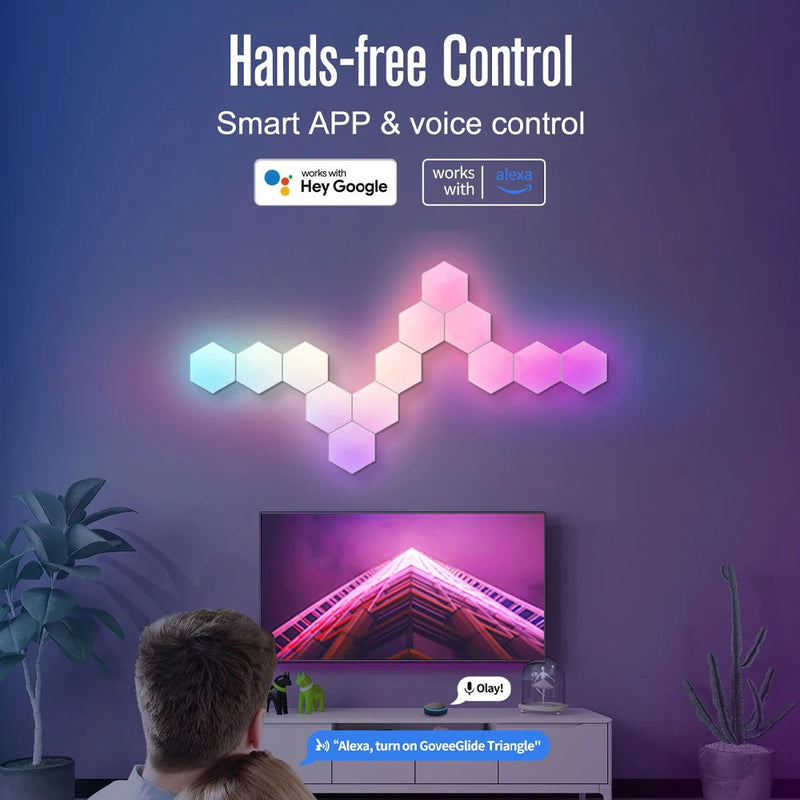 Lâmpada de Parede Hexagonal Inteligente RGB – Luz Noturna Ambiente com Ritmo Musical e Controle por App