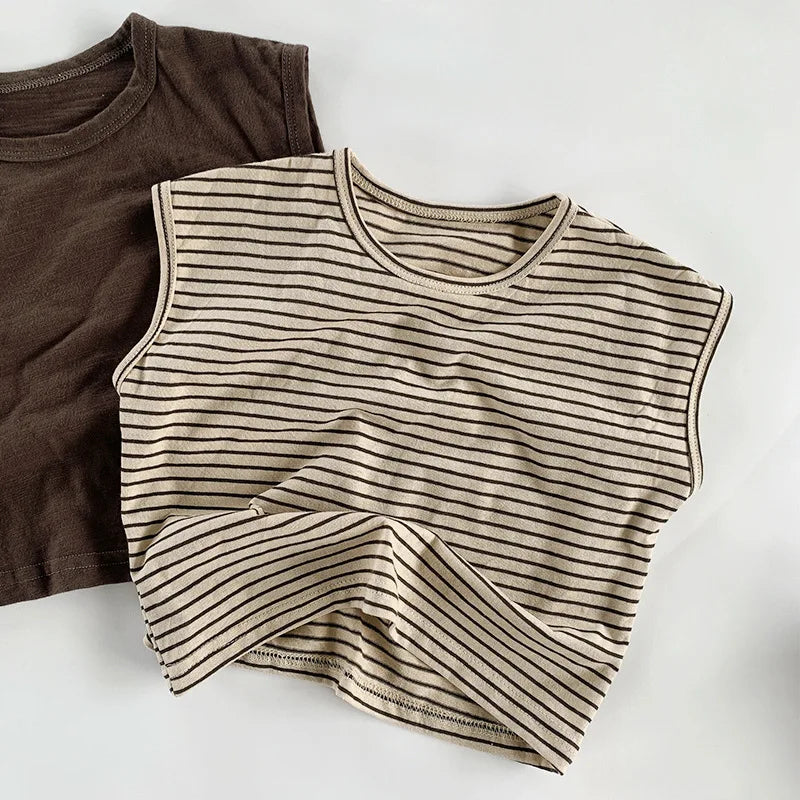 Camiseta Infantil Regata Listrada em Algodão – Estilo Casual Coreano para Verão (4 a 6 anos)