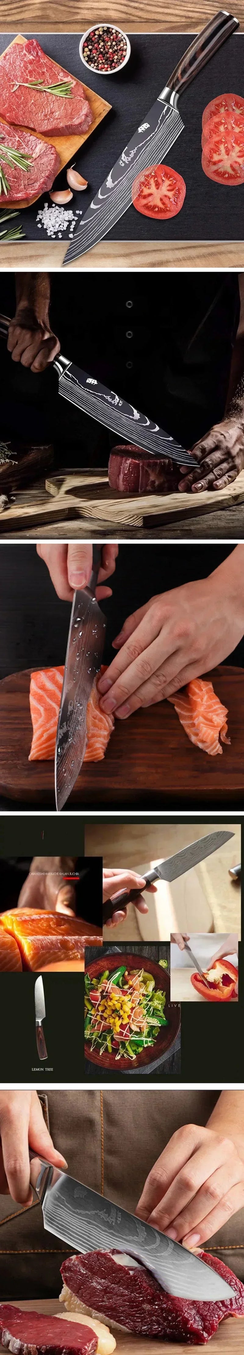 Faca de Cozinha Laser Damascus InLeung | Cutelo, Chef, Carne, Frutas e Pão | Faca Multifuncional para Barbecue e Preparos Domésticos