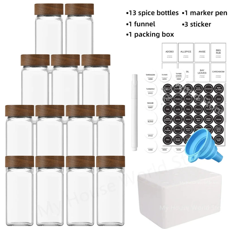 Conjunto de 13 Frascos de Especiarias de Vidro TCJJ | Potes de 4oz com Tampas de Bambu | Organizador de Temperos e Especiarias
