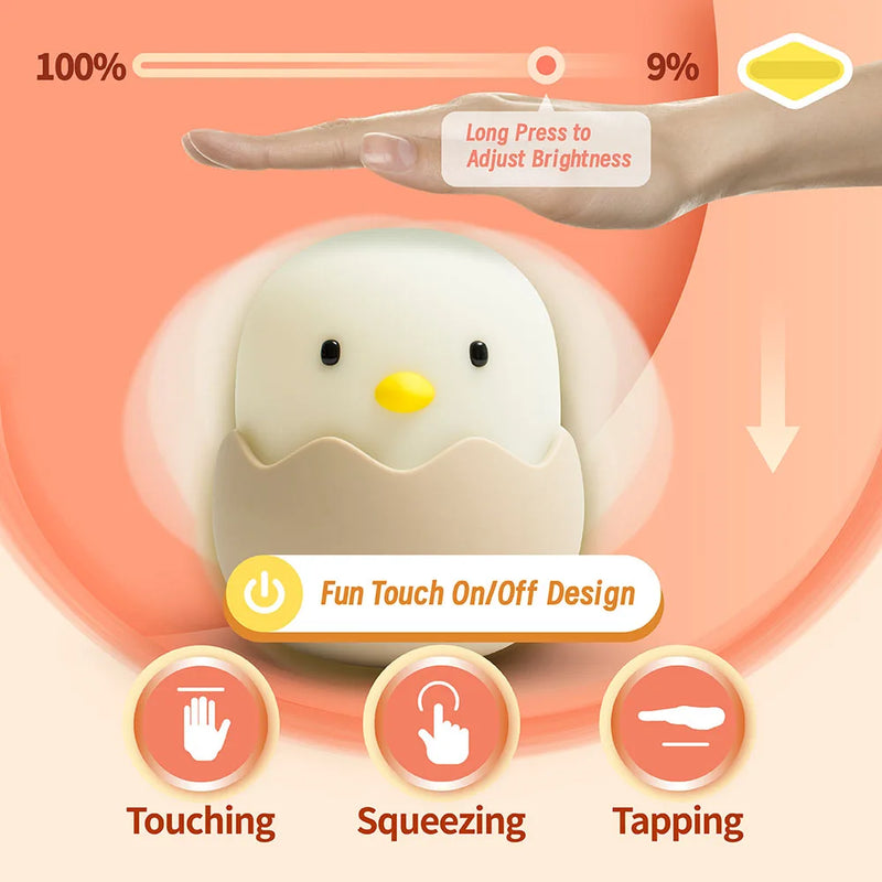 Luz Noturna Infantil em Silicone – Pato com Temporizador, Recarregável USB e Controle por Toque