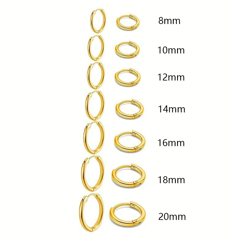 Conjunto de 7 Pares de Brincos Huggies de Aço Inoxidável | Argolas Unissex para Cartilagem e Orelha