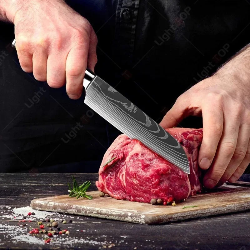 Faca de Cozinha Laser Damascus InLeung | Cutelo, Chef, Carne, Frutas e Pão | Faca Multifuncional para Barbecue e Preparos Domésticos