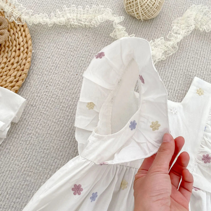 Vestido Infantil Princesa Floral com Bordado – Algodão, 1 a 6 Anos – Modelo Europeu