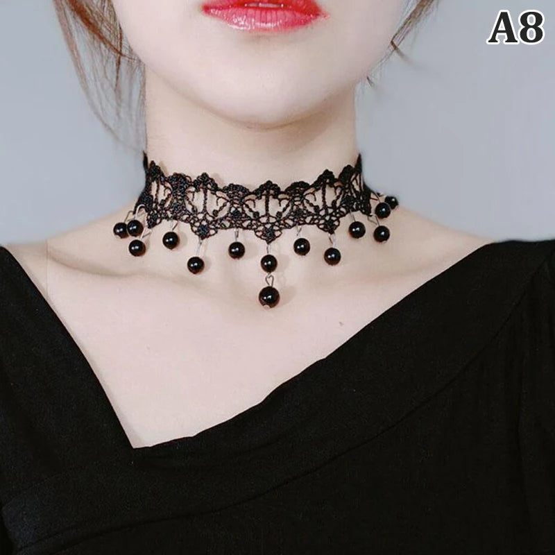 Gargantilha Gótica Feminina com Cristal e Renda – Colar Vintage Vitoriano Steampunk