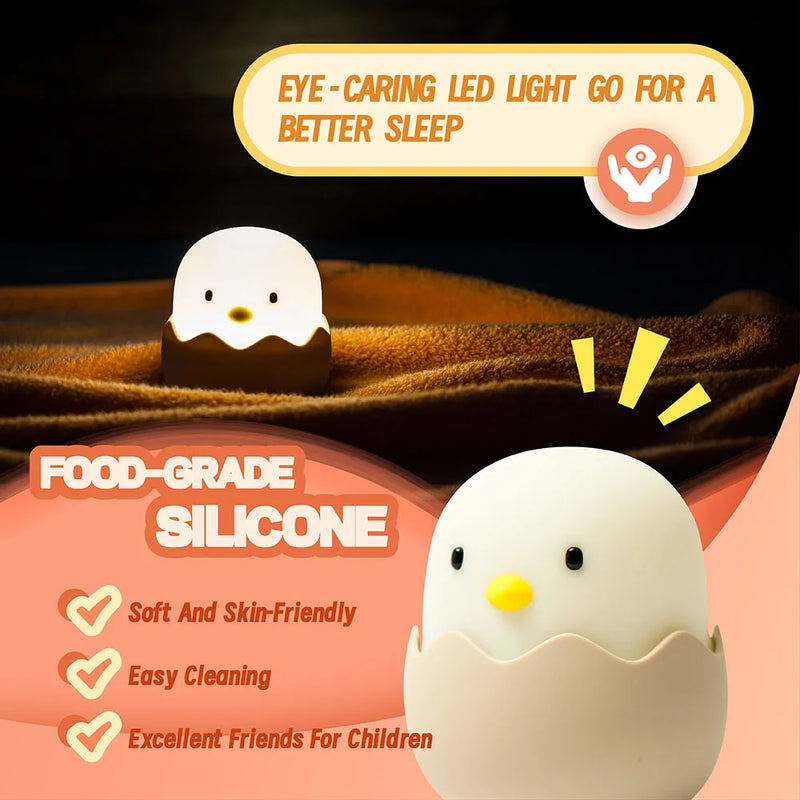 Luz Noturna Infantil em Silicone – Pato com Temporizador, Recarregável USB e Controle por Toque