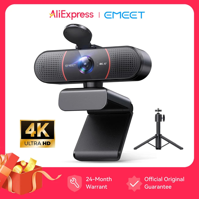 Webcam EMEET C960 4K – USB com Tripé, Autofoco e Microfone Integrado para Streaming e Videoconferências