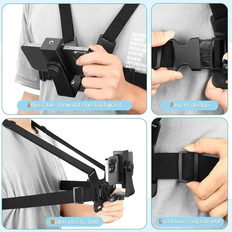 Suporte de Clipe Ajustável para Celular com Cinta Peitoral – Acessório Universal para Esportes e Câmeras