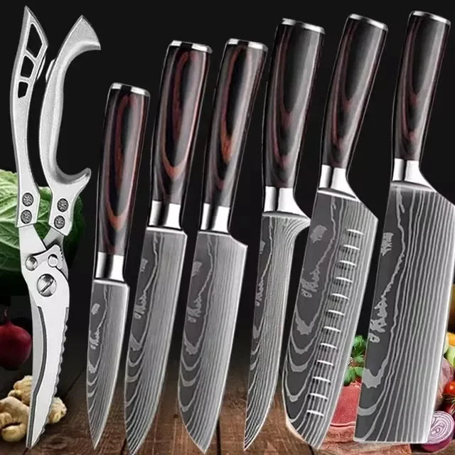 Faca de Cozinha Laser Damascus InLeung | Cutelo, Chef, Carne, Frutas e Pão | Faca Multifuncional para Barbecue e Preparos Domésticos