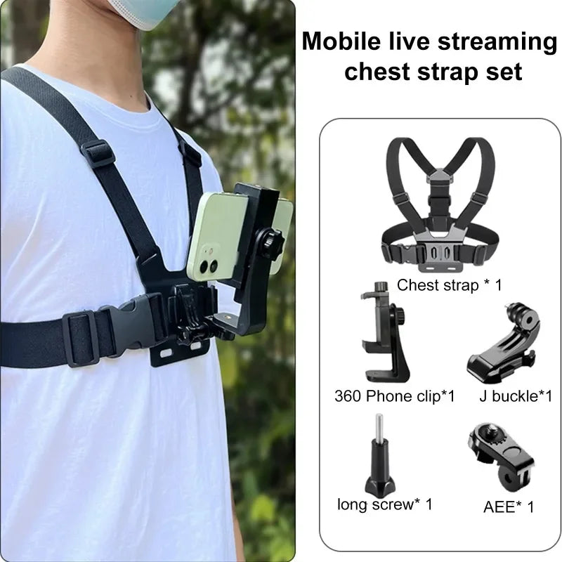 Suporte de Cinta Peitoral 5 em 1 para Celular – Gravação em Primeira Pessoa, Transmissão ao Vivo e Acessórios Fixos