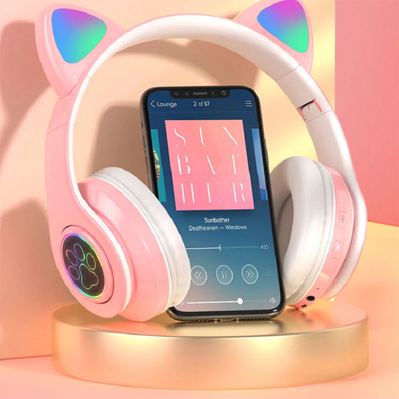 Fones de Ouvido VAKIND – Sem Fio Bluetooth com Luz LED em Formato de Orelhas de Gato, Microfone e Controle, Over-Ear para Crianças e Adolescentes