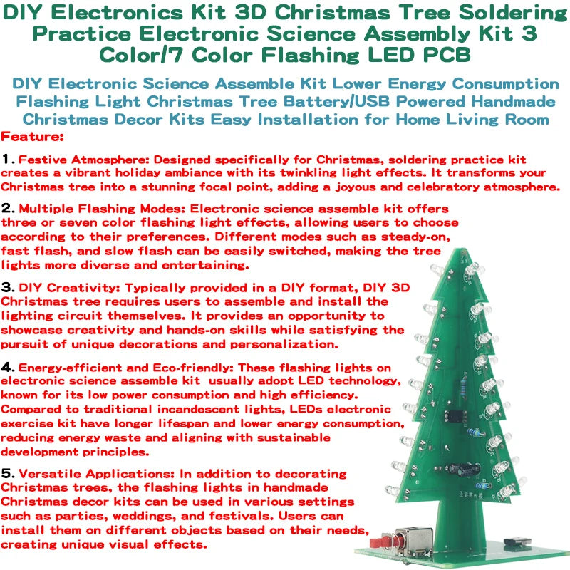 Kit Eletrônico 3D de Árvore de Natal – DIY com LEDs Piscantes Coloridos para Montagem e Prática de Soldagem