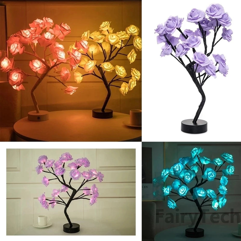 Luminária de Mesa LED Rosa Flor com Luzes de Fadas – USB, Decoração de Natal, Festa, Quarto, Casamento e Presente do Dia das Mães
