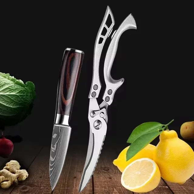 Faca de Cozinha Laser Damascus InLeung | Cutelo, Chef, Carne, Frutas e Pão | Faca Multifuncional para Barbecue e Preparos Domésticos
