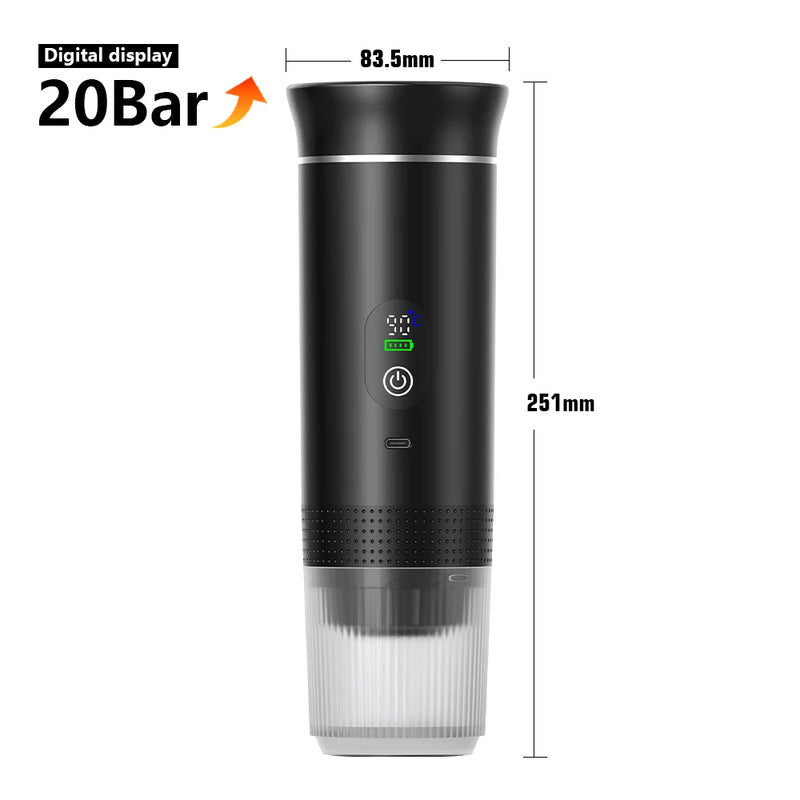 Máquina de Café Espresso Elétrica Portátil Wireless DENOKIN | 3 em 1 para Cápsulas, Pó e Viagem | Para Carro, Casa e Camping
