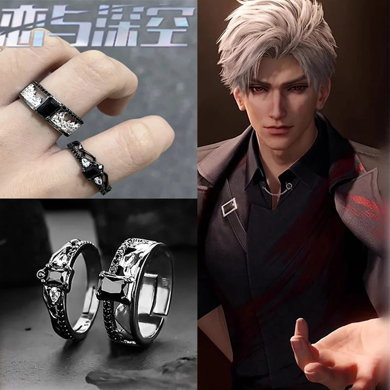 Anel Casal Cosplay Love and Deepspace Sylus – Pedra Preta Ajustável